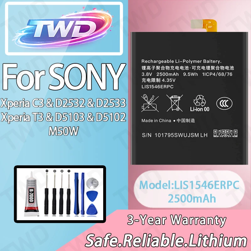 

LIS1546ERPC Large capacity 2500mAh Battery For Sony Xperia C3/Xperia T3 Batteries New High Quanlity+Free Tools