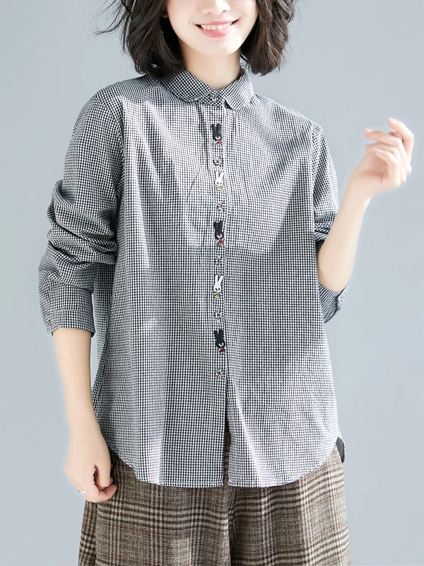 

plus Size Spring irt 2025 New Sle Casual Long Sve Collar Embroidered Slimming Artistic Plaid Women's irt