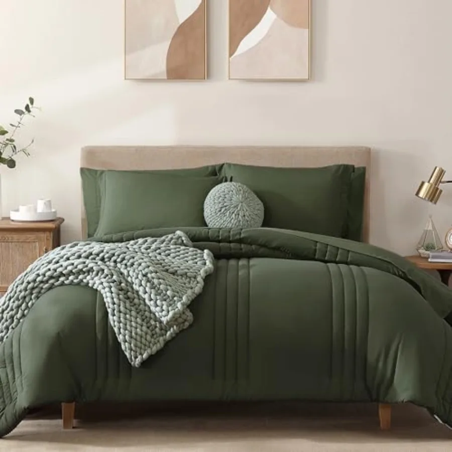 

Comforter Set - 7 Pieces Olive Green Bed in a Bag Bedding Sets with Comforters, All Seasons Comforter Bed Set with Sheets, Pill
