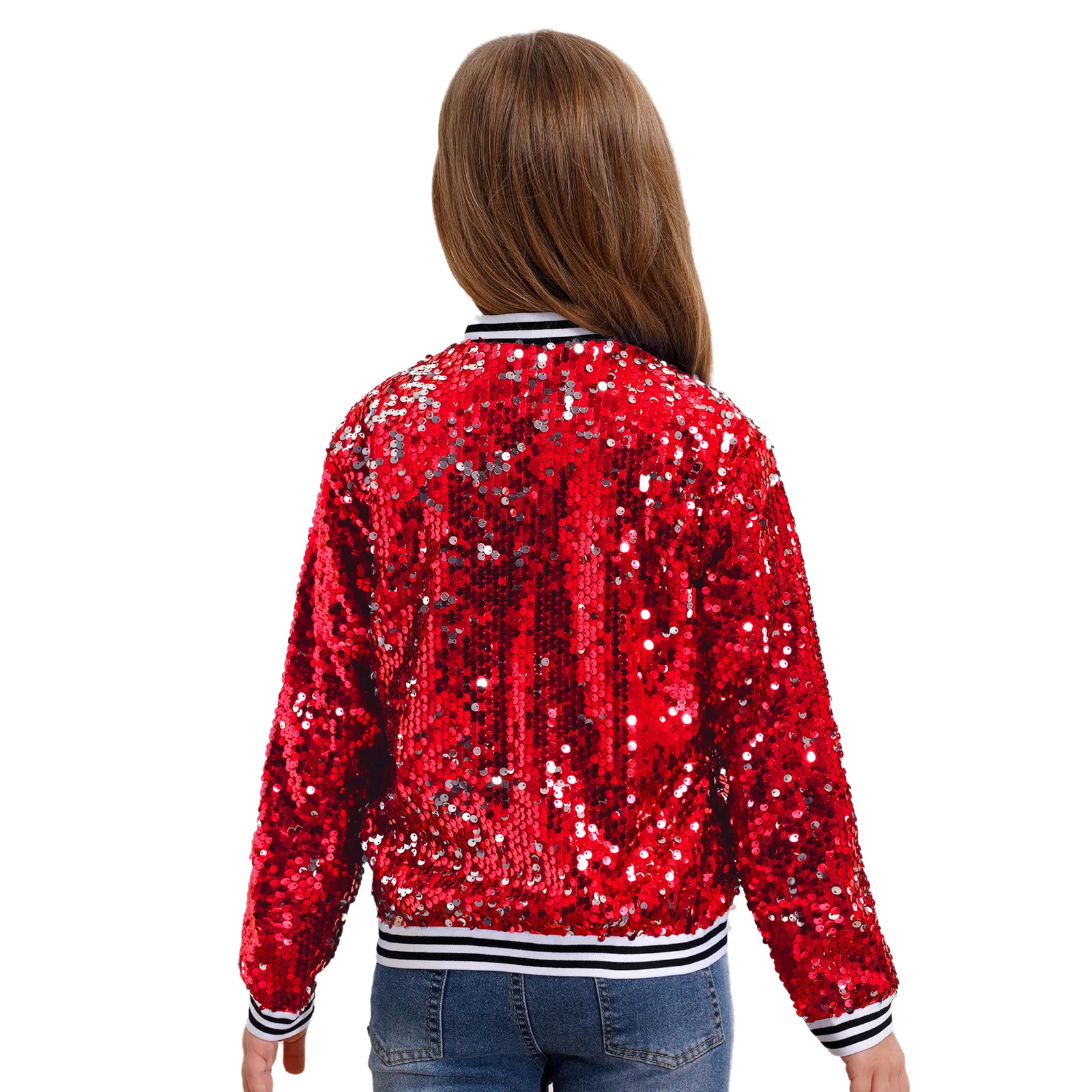 Kids Girls Hip Hop Jazz Street Dance Performance Costume Long Sleeve Zipper Shiny Sequin Baseball Jacket Bomber Coat Streetwear