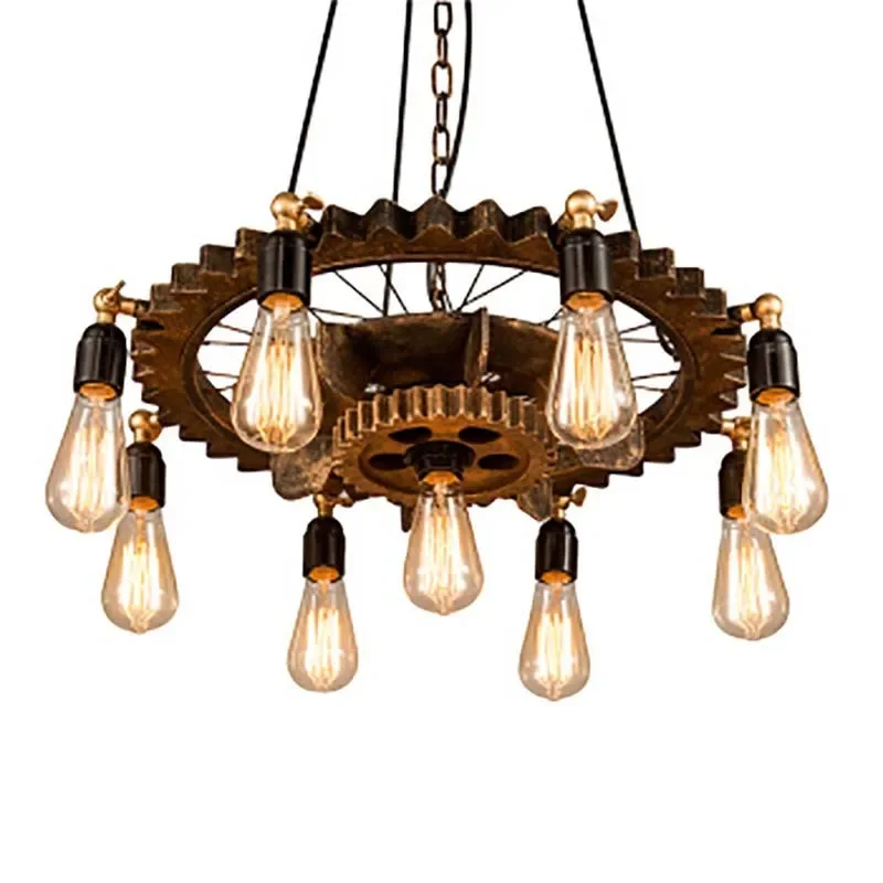 Cafe bar chandelier loft rustic vintage industrial style multi-headed wood wrought iron gear chandelier