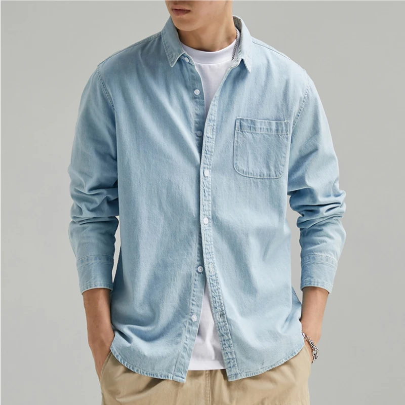 

New Four Seasons Classic Cotton Denim Men Long Sleeve Jeans Shirt 100% Cotton Coat Free Ironing Casual Social Comfort Breathable