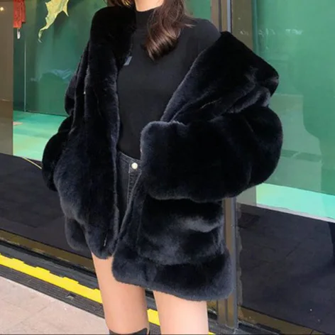 Winter Korean Version Loose Street Style Women's Thickened Imitation Rabbit Fur Plush Hooded Fur Coat