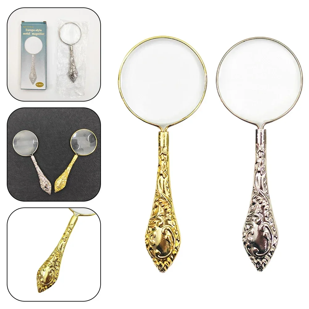 4x Magnifying Glass Flower Stem Glass Lens Gold/silver Multi-purpose Replacement Retro Embossed Pattern 1 Brand New