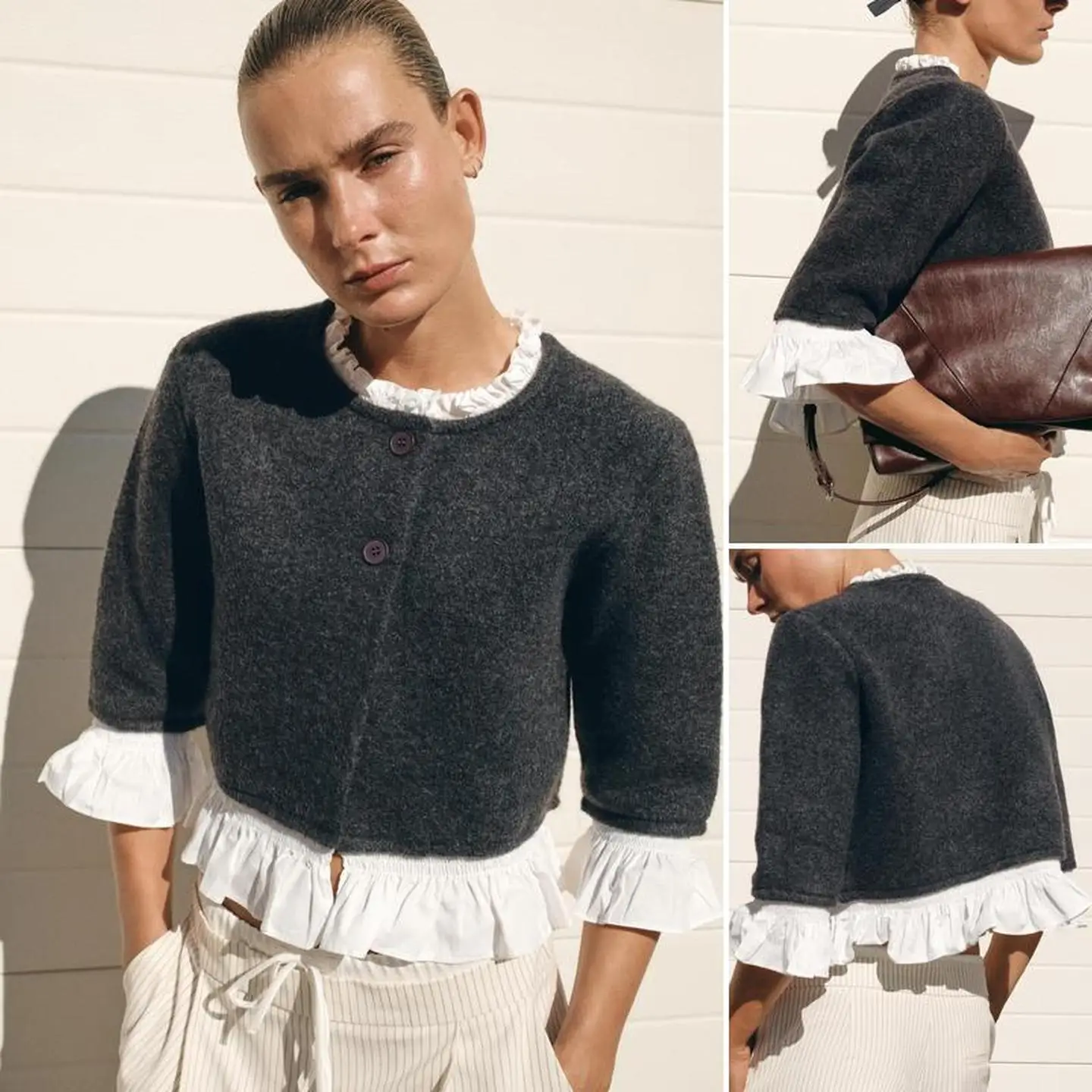 

Early Autumn Wind u Chiffon Splicing Layered Decoration Seven Sve Knitted Jaet Women's ort Sle Button Closure Card...