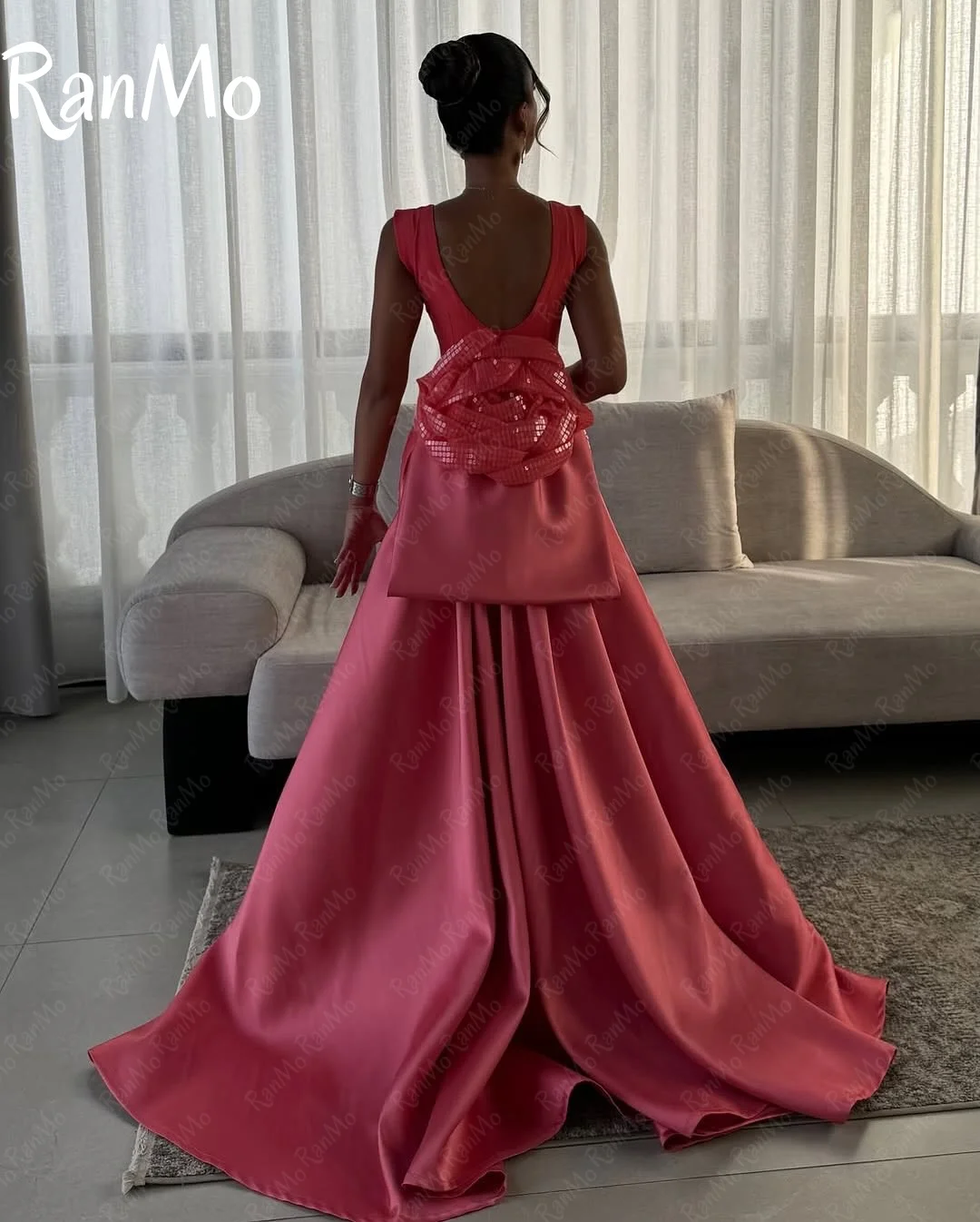 Ranmo Элегантные розовые вечерние платья русалки 2025 с блестками и кружевными цветами Вечерние платья с пятнистым хвостом на заказ فساتين условия