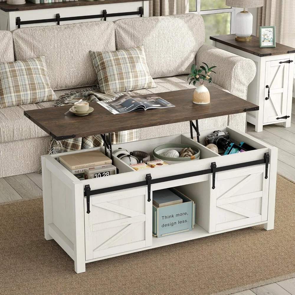 

47.3'' Lift Top Coffee Table with Storage, Modern White Coffee Table with Sliding Barn Doors, Farmhouse & Rustic Rectangle Cente