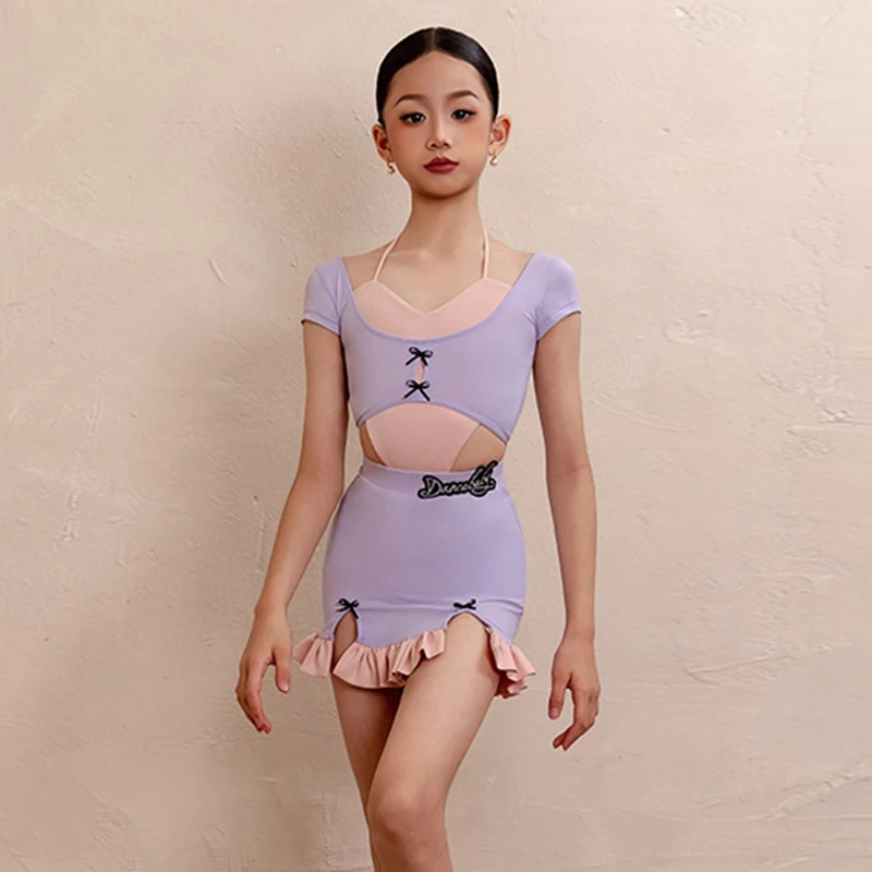 Neue Lila Latin Dance Kleidung Mädchen Sommer Kurzarm Dance Performance Kostüm Rumba Cha Cha Ausbildung Dancewear VBH1875