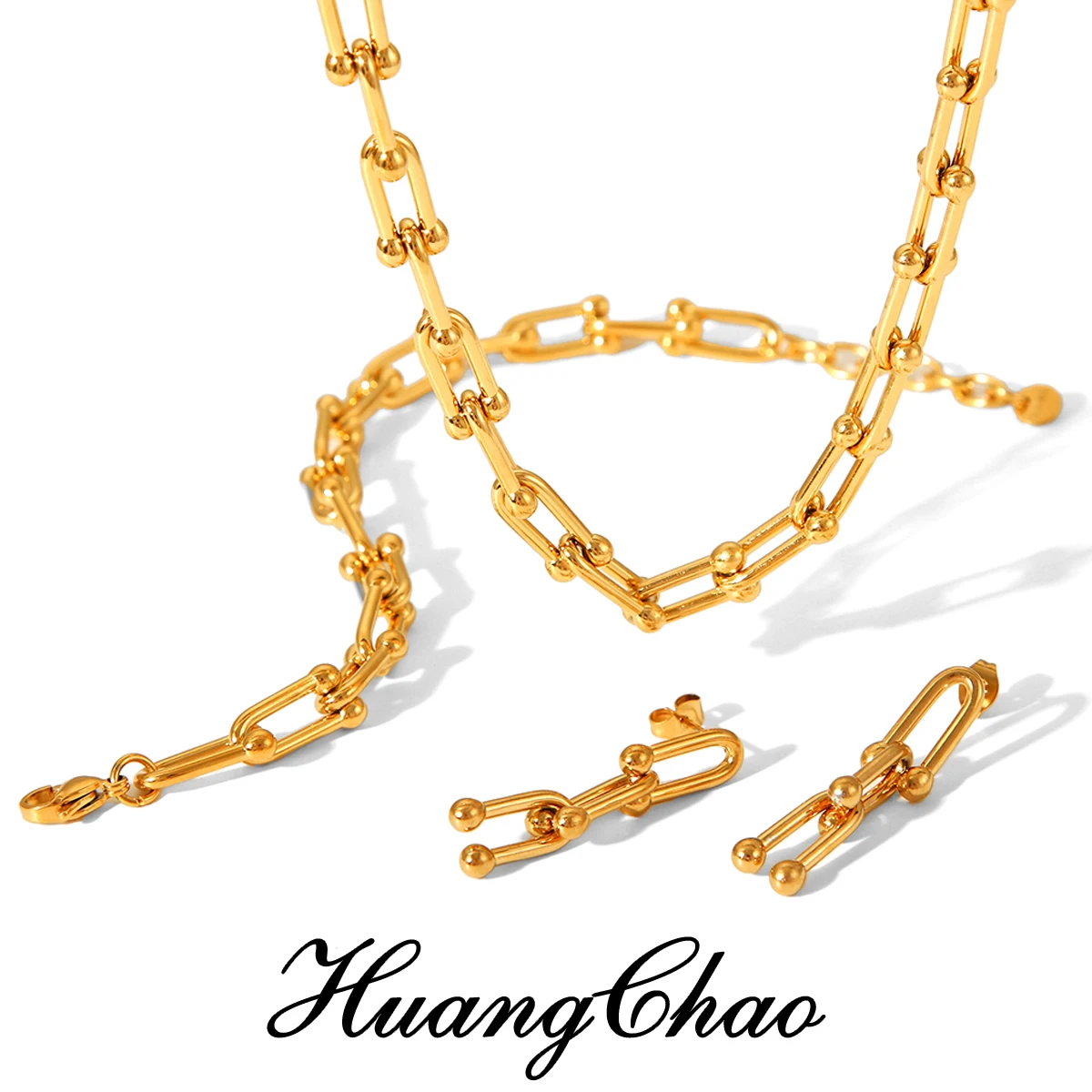 Conjunto de jóias de aço inoxidável em forma de u colar pulseira brinco combinação para homens e mulheres usarem presentes de natal requintados