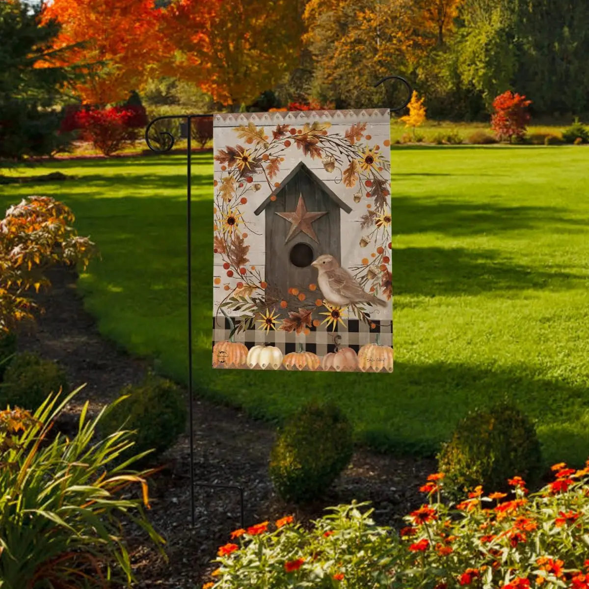 Primitive Fall Birdhouse Garden Flag 18