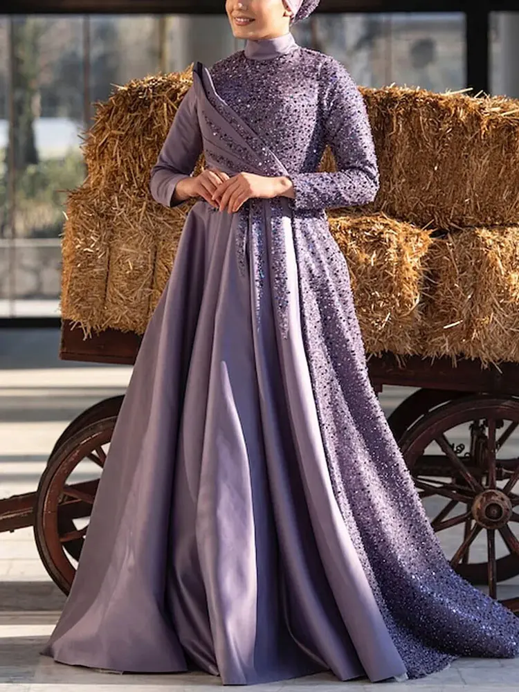 

Satin Elegant Lavender Muslim Evening Dress Turkish lslamic Women Formal Gowns High Neck Long Sleeves Sequins Beaded Prom Dress