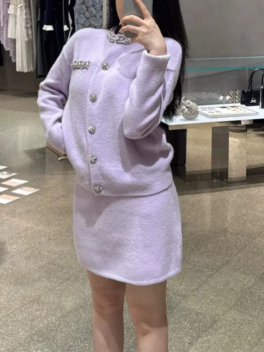 

High-End Version European Sle Knitted Purple Open Cardigan Heavy Beading Faionable Age-Defng Gentle Wind Women's Sweater