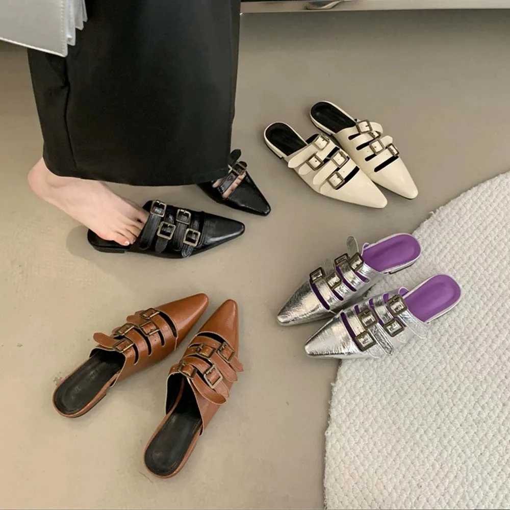 

Women's Pointed Closed Toe Flats Mules with Three Belt Strap Adjustable Strap Pointed Toe Backless Loafers Shoes Slides