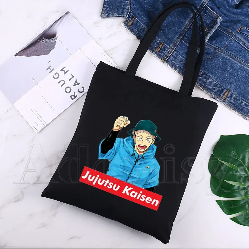 Jujutsu Kaisen Unisex Handbags Custom Canvas Tote Bag Print Daily Use Reusable Travel Casual Shopping Bag Black