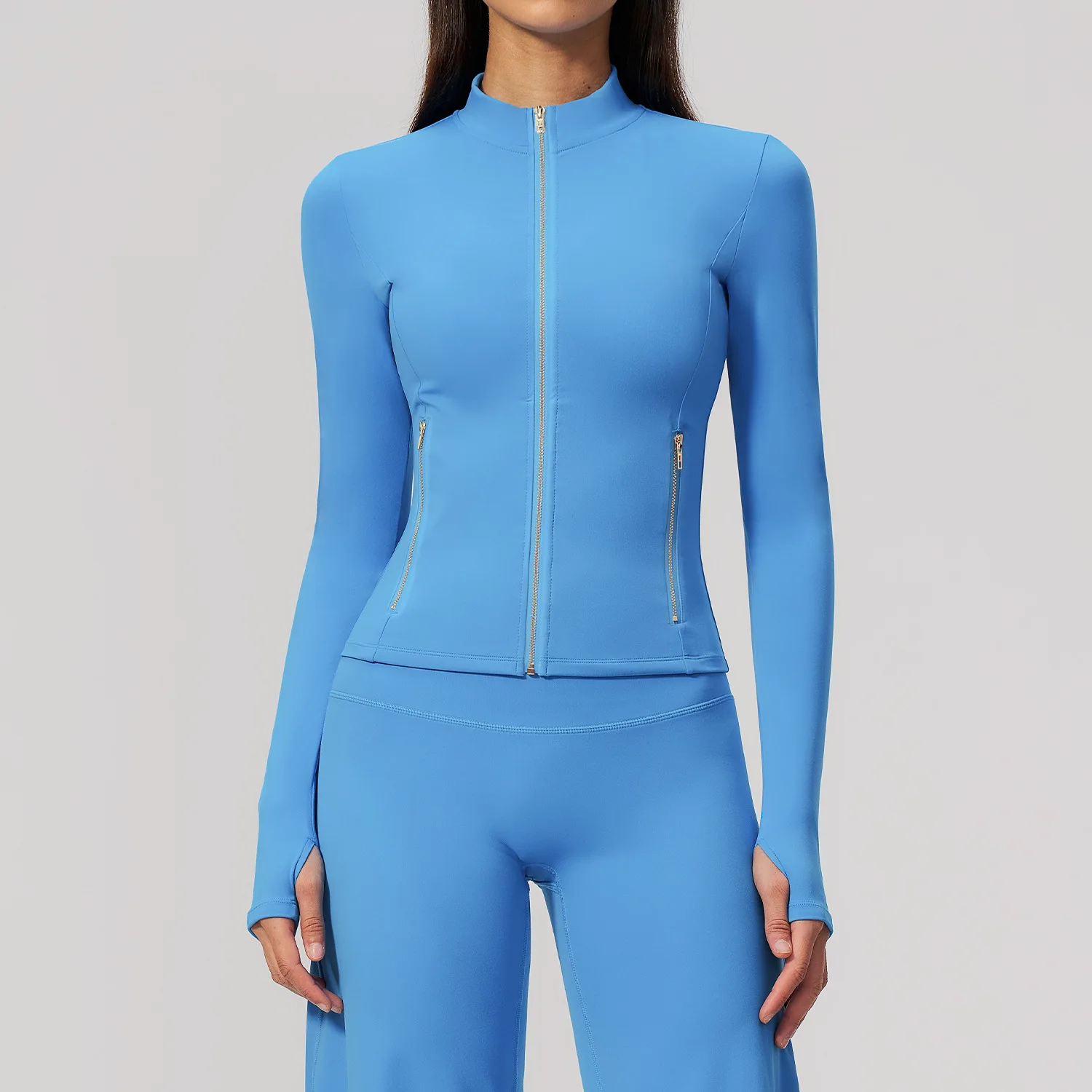 Women Zip Up Long Sleeve Yoga Jacket Thumb Hole Stand Collar Slim Crop Athletic Top Fitness Running Workout Gym Sport Outerwear