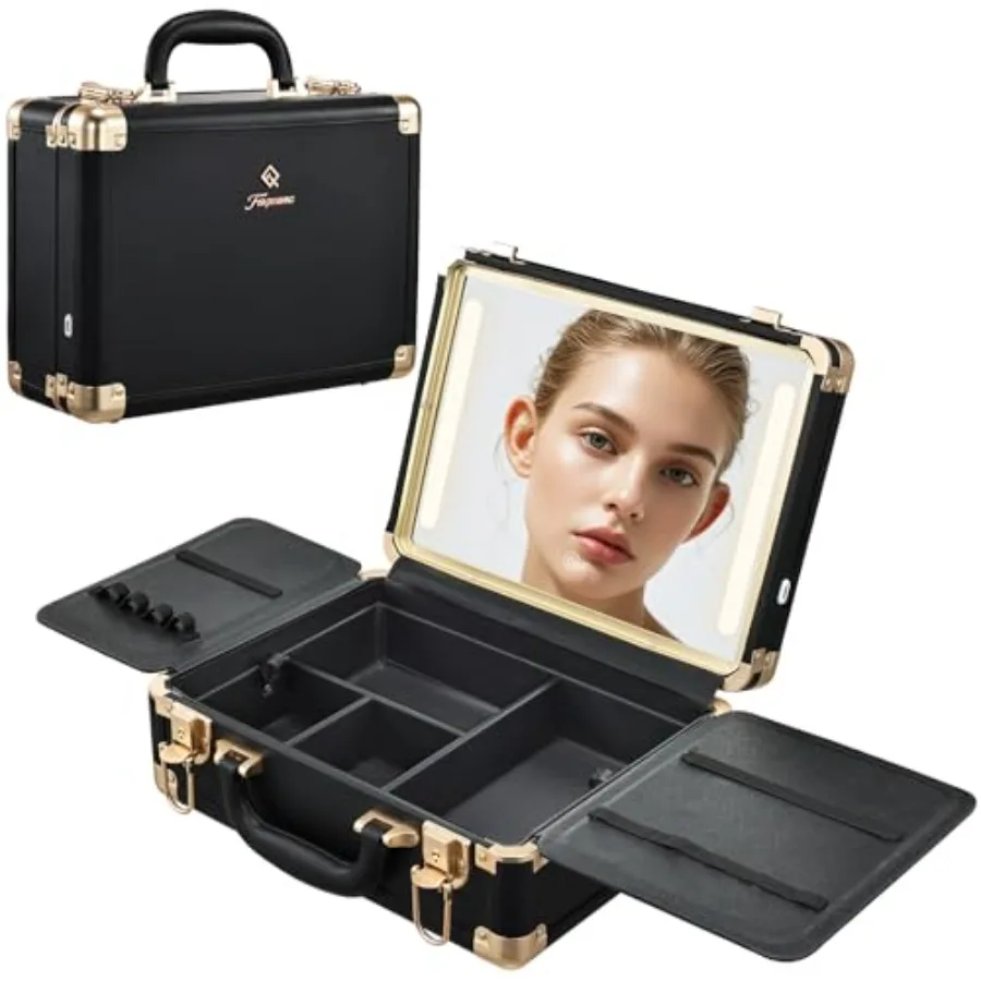 

Makeup Train Cases with Light Up Mirror 3 Color Setting Lighted Makeup Case Organizer with Detachable Tray Travel Makeup Box wi