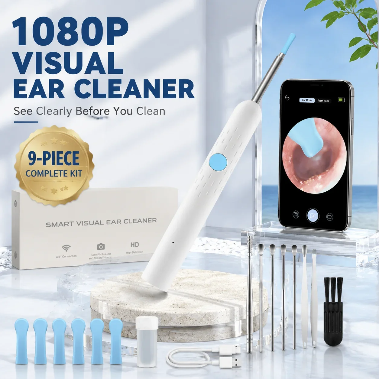 1080P HD Visual Ear Cleaner Camera WiFi Ear Wax Removal Tool 3.5mm Otoscope 6 LED Type-C Rechargeable Ear Pick for Adults Family