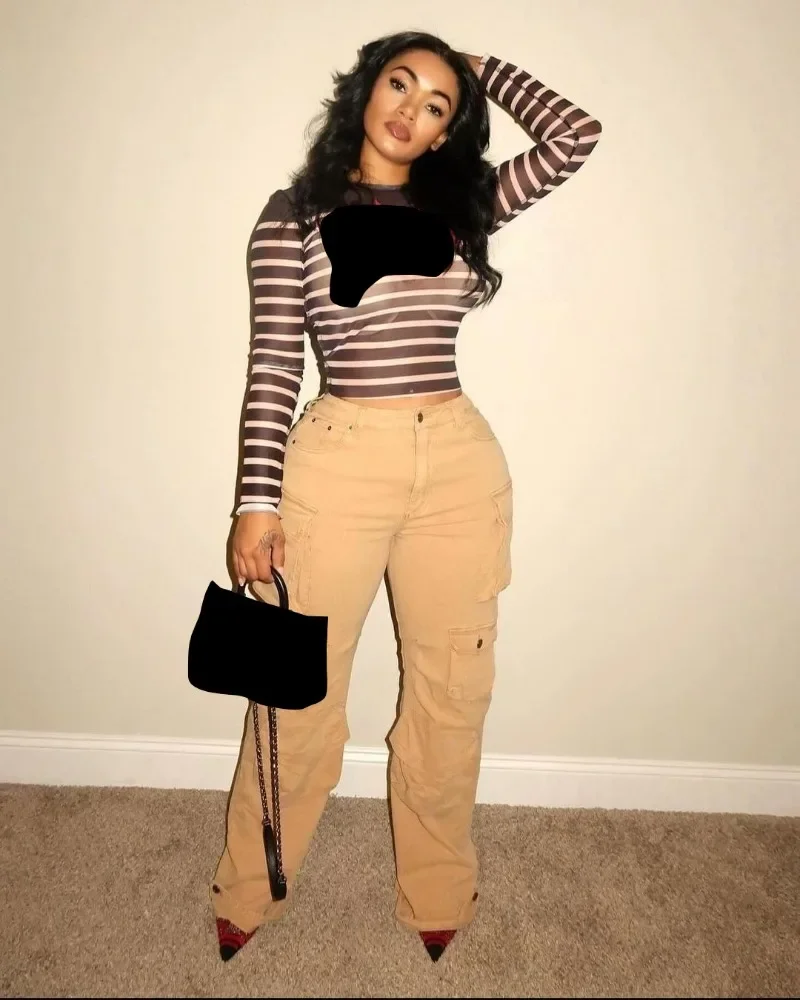 GUWU أزياء المرأة الكاكي الدينيم السراويل واسعة الساق سفاري البضائع الهيب هوب مستقيم الجينز الشارع الشهير