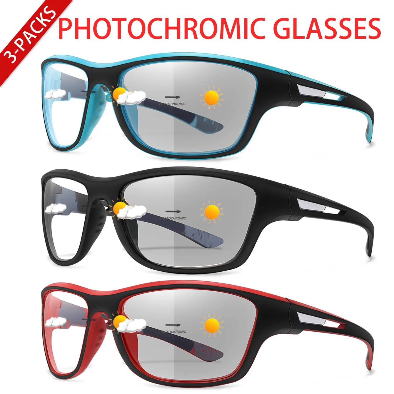 Image of 3 Paar photochrome Fahrrad- und Angelbrillen, UV400, MTB, Fahrrad- und Laufbrillen, bequeme Unisex-Fahrradbrillen im neuen Stil