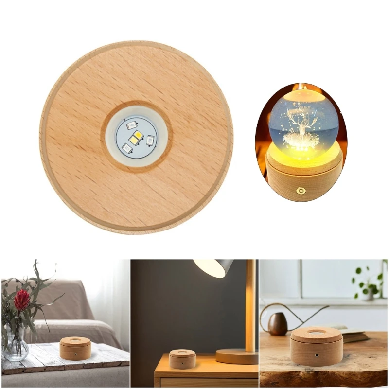 

USB Operated Decorative Light Base Featuring 7 Chromatic Modes for Showcasing Glass Craft In Secure Wood Housing