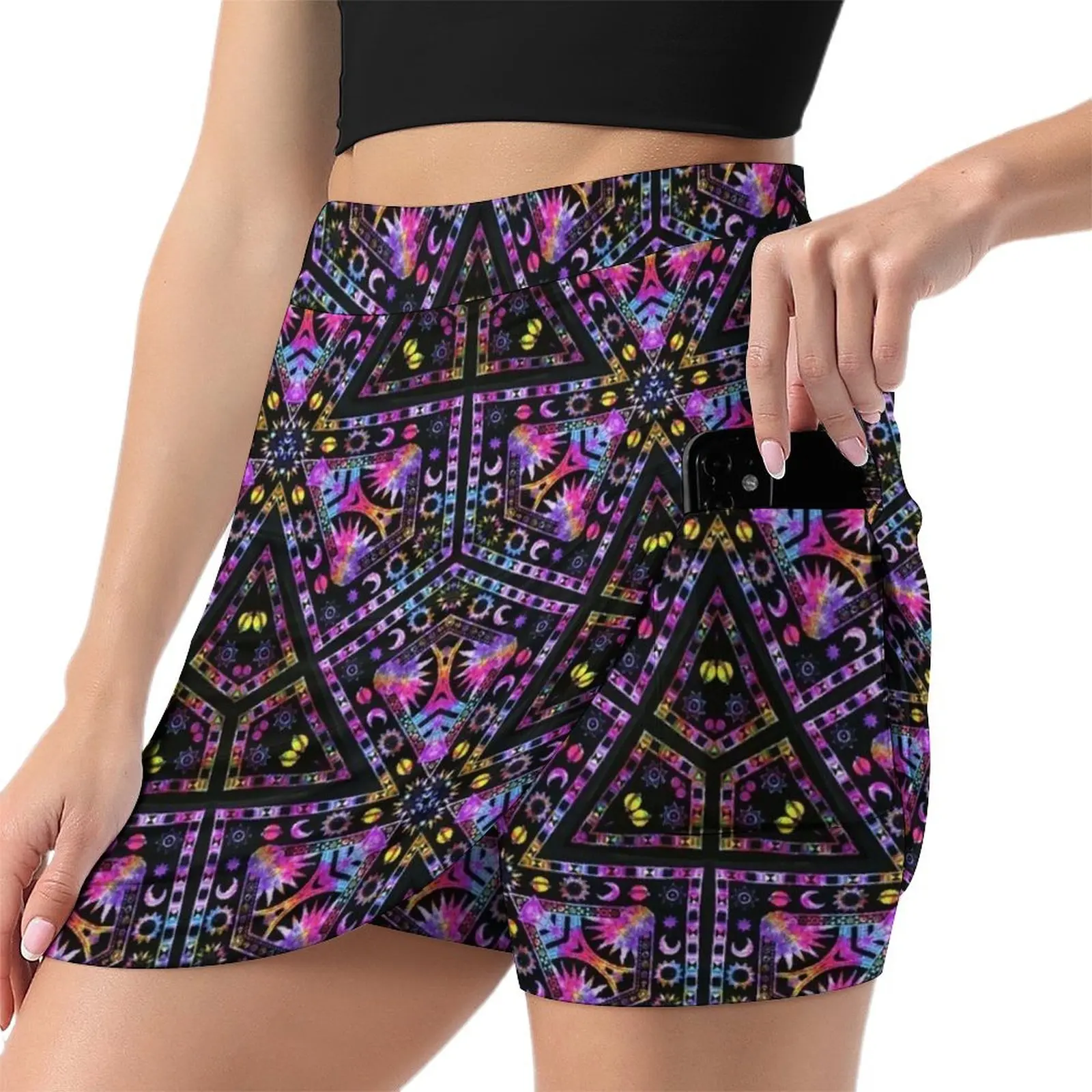 Boho Pink And Purple Sierpinski Triangle On Black Mini Skirt luxury women skirts extreme mini dress