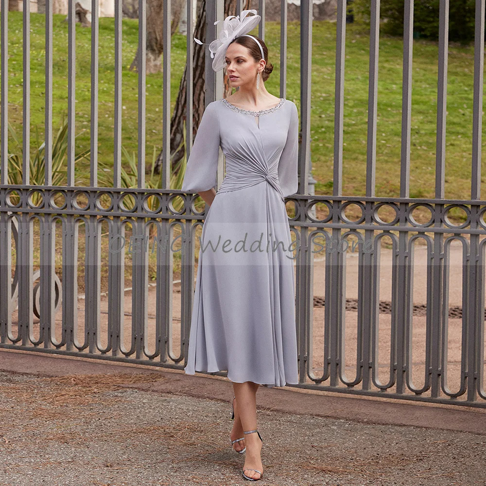 Vestido Midi de gasa para madre de la novia, vestidos de fiesta de media manga con cuentas, color gris