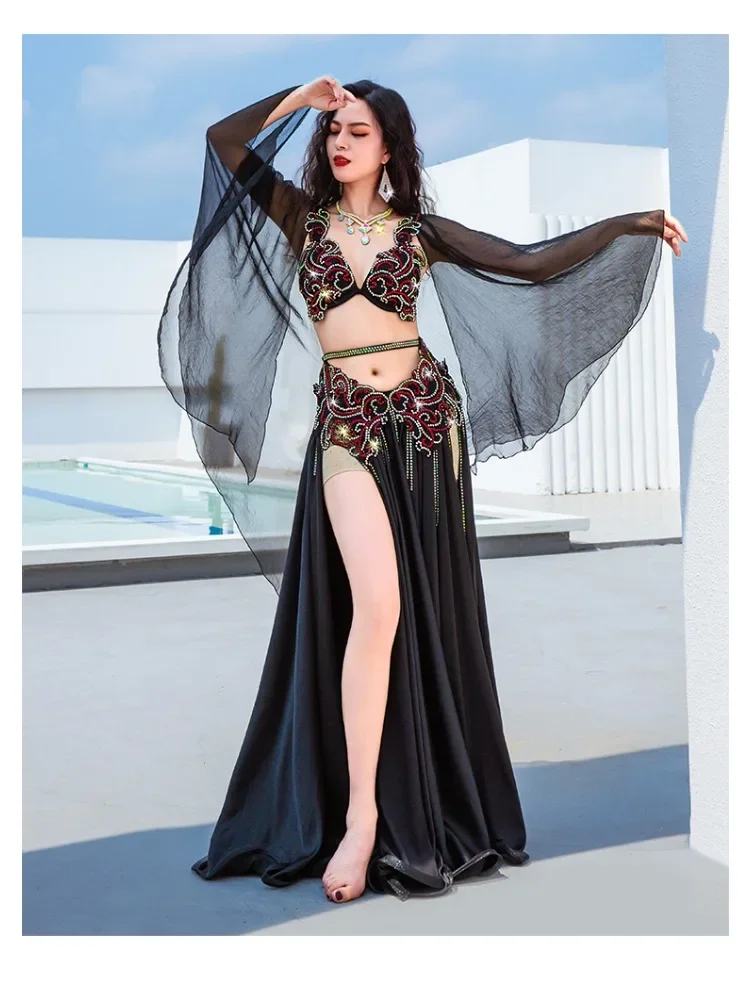 

Роскошный сценический костюм для танца живота, бюстгальтер с бахромой, сексуальная распашная юбка, танцевальная одежда для женщин, наряд для выступлений на соревнований по индивидуальному заказу