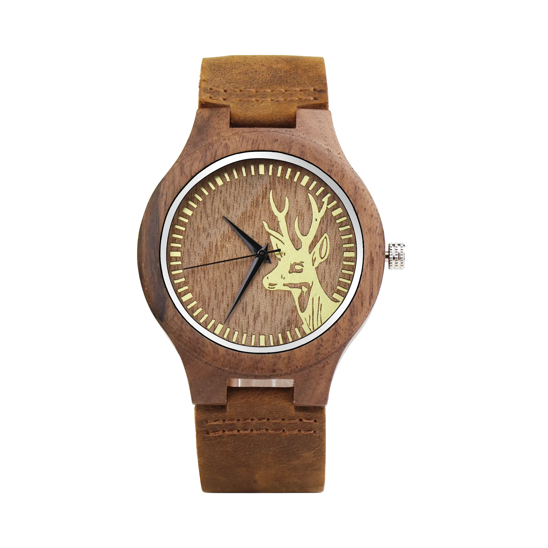 

Деревянные часы с гравировкой в виде головы оленя для мужчин, корпус из натурального дерева, кожаный ремешок, повседневные кварцевые наручные часы