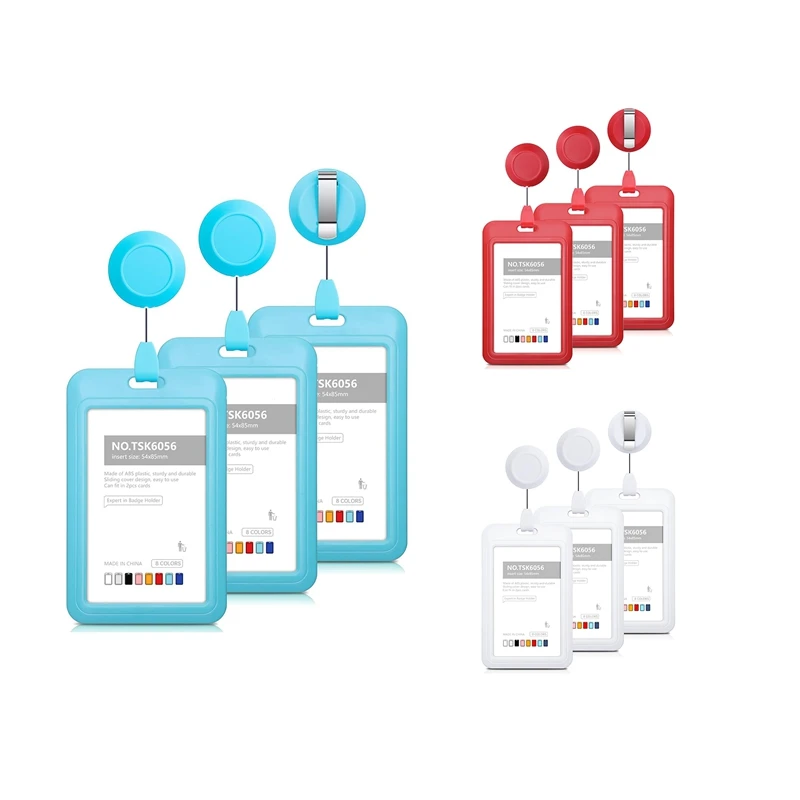 Retractable Badge Holders, Hard Plastic Sliding ID Badge Holder With Retractable Badge Reel Clips , 3 Pack