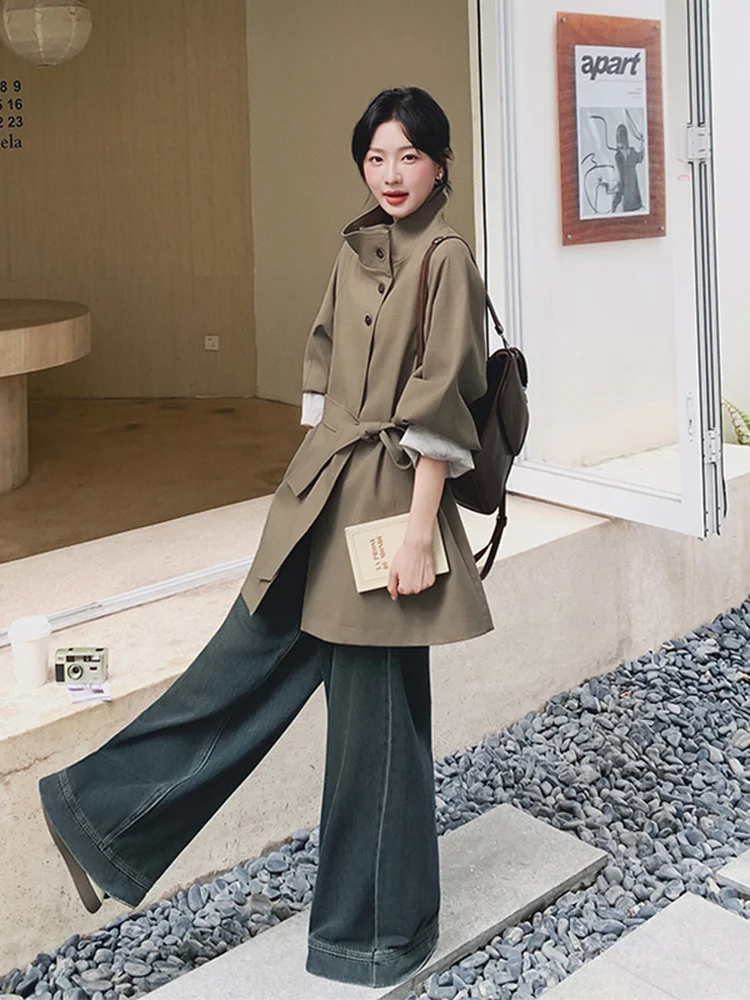 

Модное женское пальто с воротником-стойкой, 2025, маленький размер, повседневное, в корейском стиле, прямого кроя, с длинными рукавами