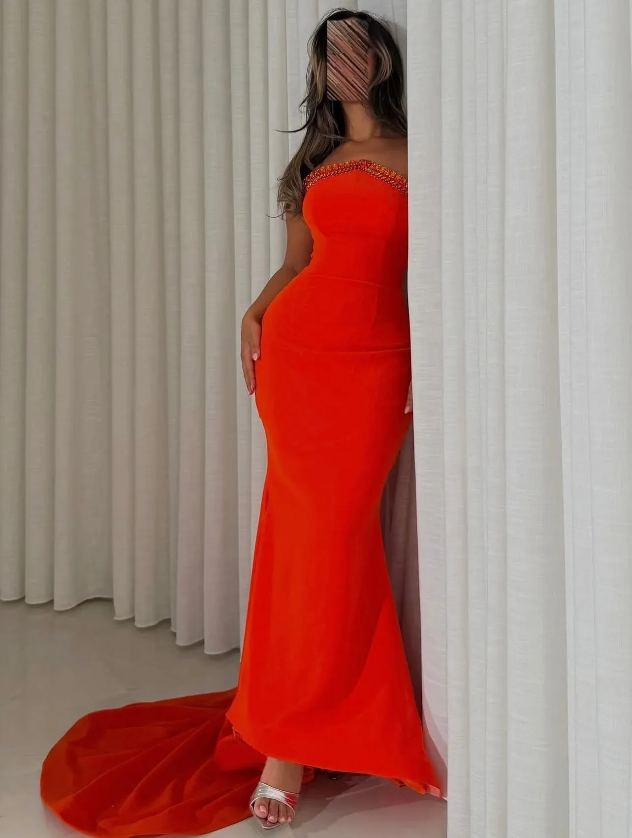 

Indie customized Red Prom Dresses Sheath Muslim Strapless Evening Dress Floor Length Beads Robe De Soiree Formal Party Gowns