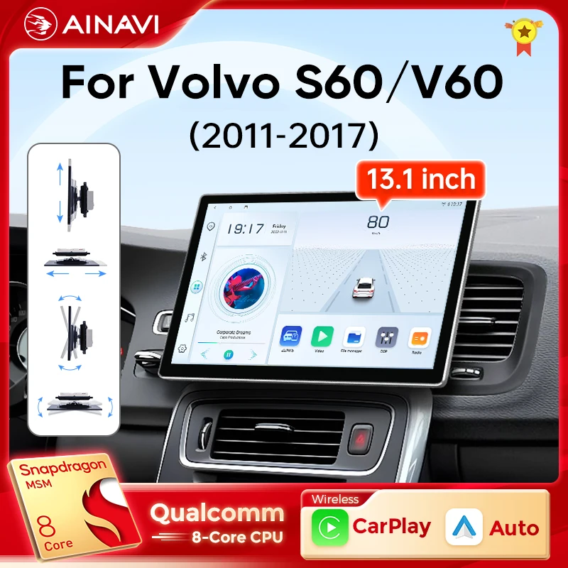 Ainavi 13,1-дюймовый для Volvo S60 S60L V60 2011 2013 2014 2015 2016 2017, автомобильный радиоприемник, беспроводной Carplay Android, автомультимедийный плеер