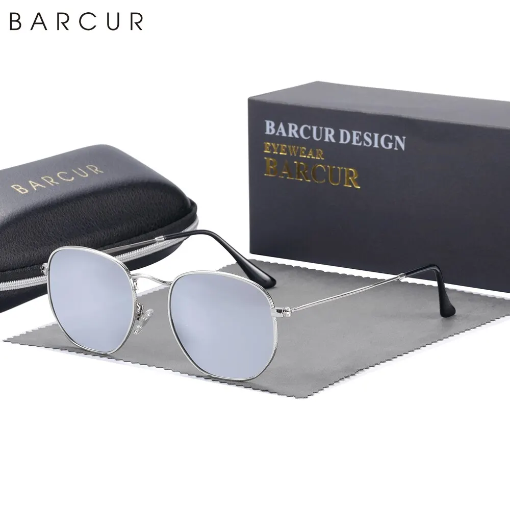 BARCUR Classic Retro Small Square Sunglasses Man Hexagon Sun Glasse Metal Frame Eyewear With Box Oculos De Sol Gafas