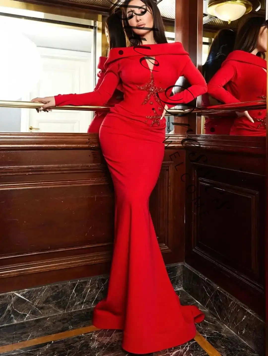 

customized Dresses Red Long Sleeves Boat Neck Formal Occasion Party Gowns Pleated Floor Length Evening Dress