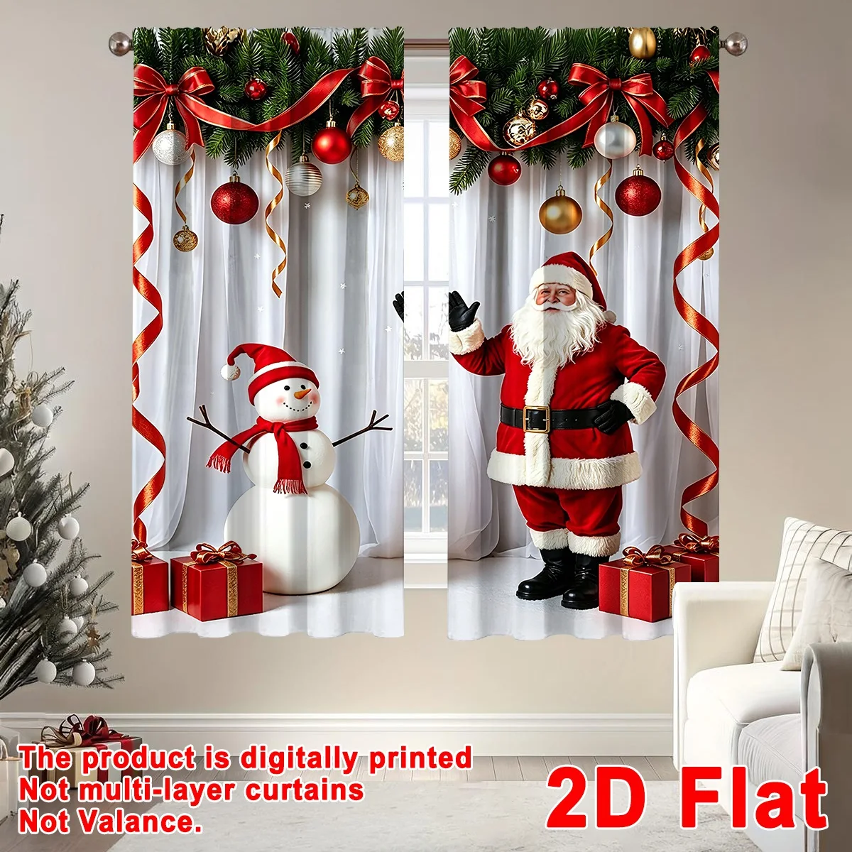 2 Stück festliche Weihnachtsvorhänge mit Weihnachtsmann- und Schneemann-Design, Polyester-Vorhänge, 60 x 150 cm, Fensterdekoration für Heimdekoration, Weihnachtsgeschenk – Detail 3