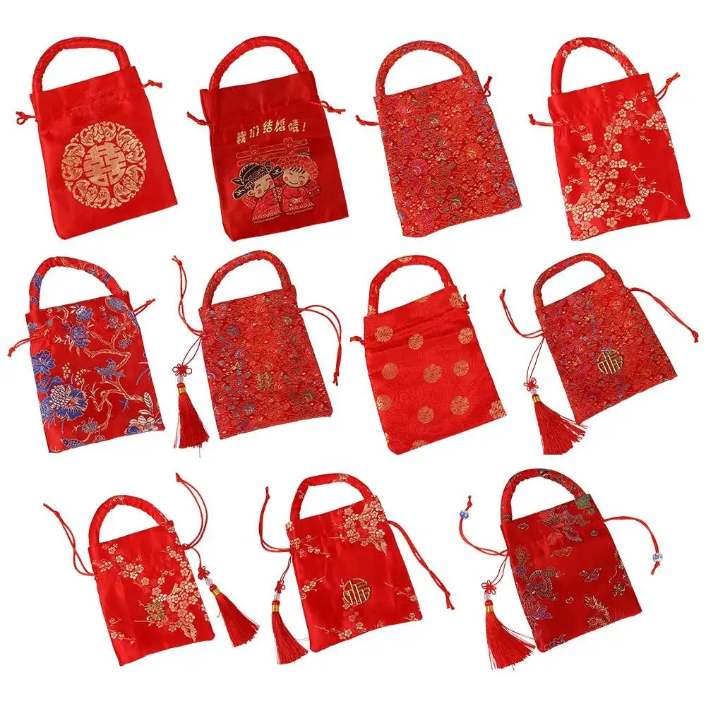 Chinese Style Drawstring Bride and Groom Brocade With Tassels Wedding Package Bag Candy Bag Handle Bag Wedding-favor Gift