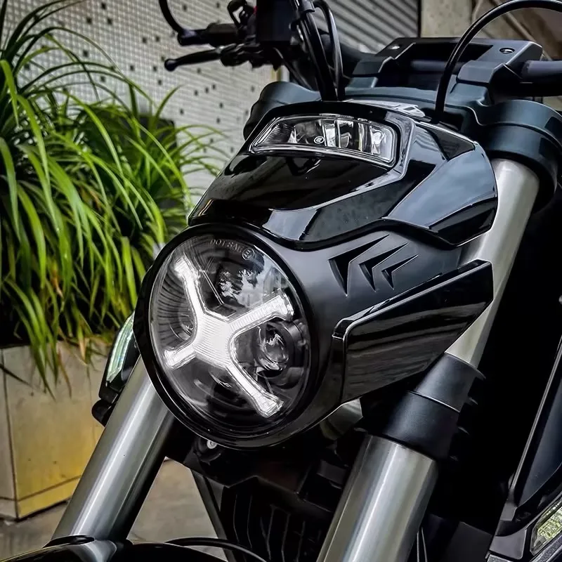 For BENDA LFC 700 motorcycle headlight modification: X-shaped round headlight, waterproof and dustproof, high brightness.