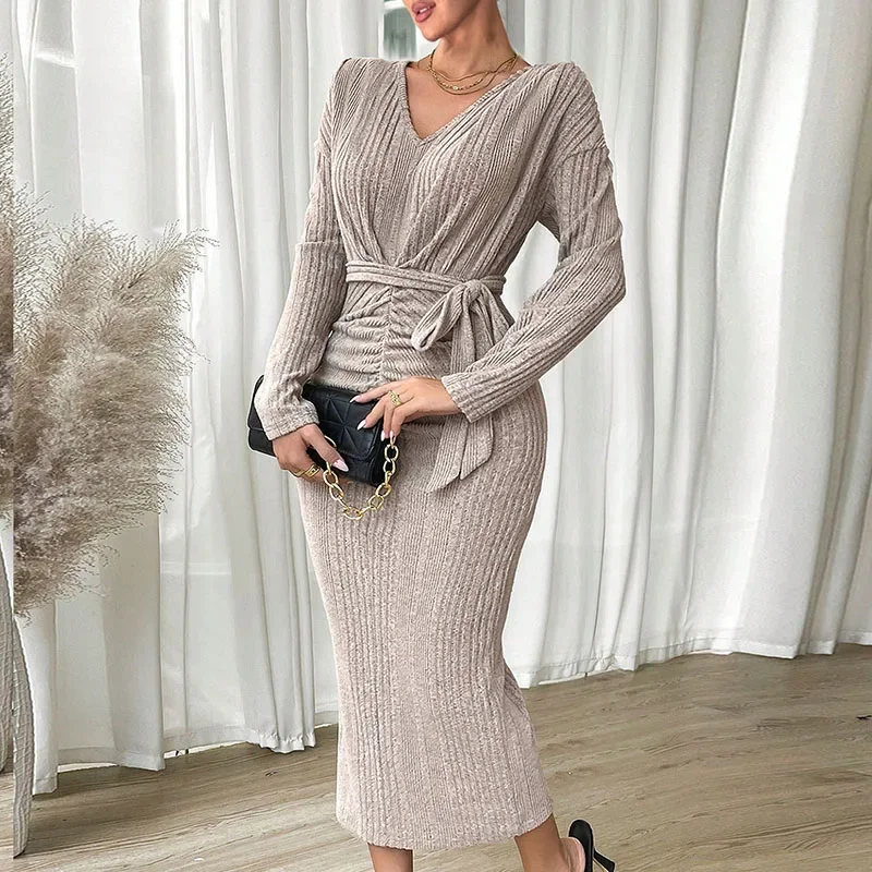 

Solid Color Striped Knitted Sweater Dress Sexy V Neck Long Sleeve Slim Long Dress Autumn Elegant Waisted Lane-up Ladies Dresses