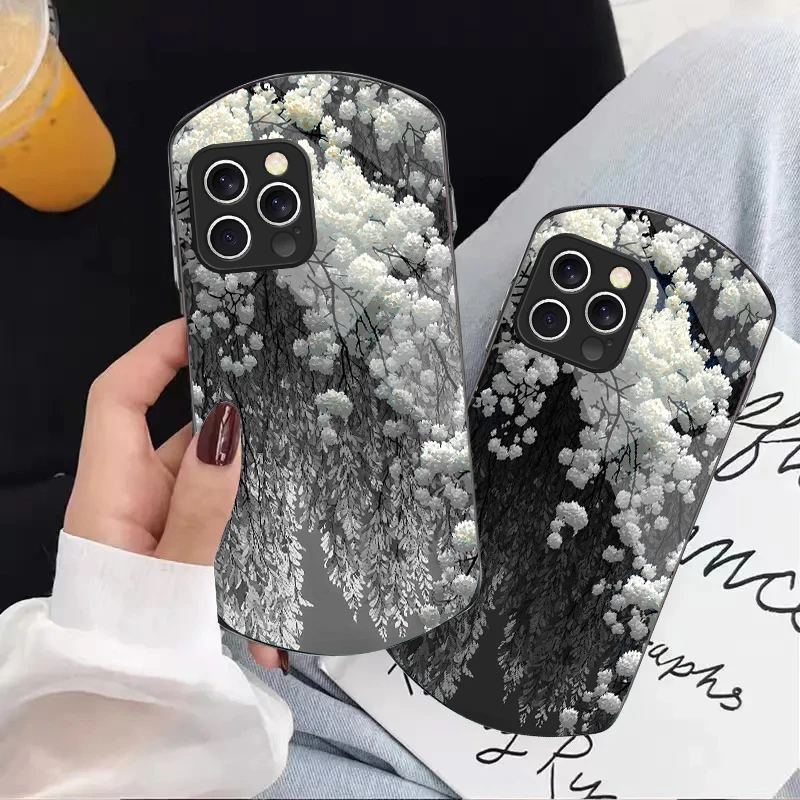 

Lovely white flowers For iPhone 16 15 14 Pro 13 Plus 12 mini 11 13Pro Max XR Xs X 7 8 6 Elliptical Tempered Glass Phone Case