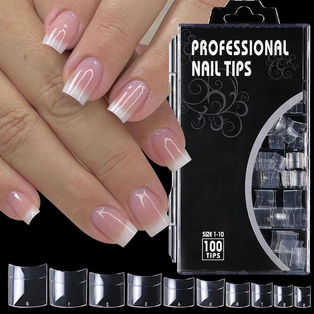 100個入り ショートスクエアフェイクネイルチップ クリアハーフカバーフレンチつけ爪 アクリル製装着可能プレスオンネイル マニキュアエクステンション用