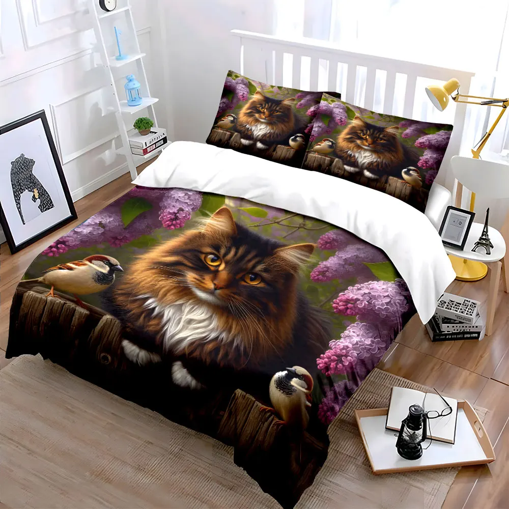 Cat and Sparrows with Lilacs Printed Duvet Cover Set 1 Duvet Cover+2 Pillowcase Multi Size Bedroom Bedding Decor Luxury Gift