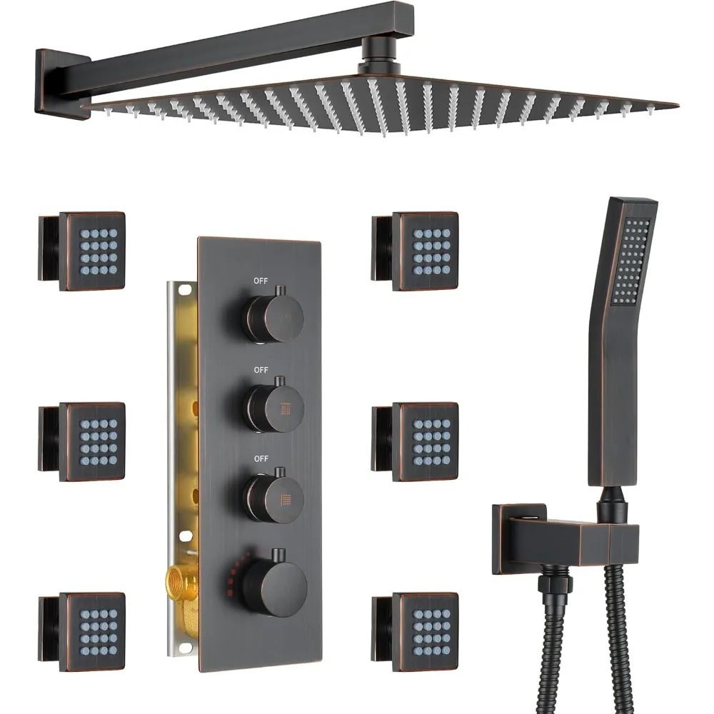

16-Inch Thermostatic Rain Shower System with Six Body Jets and Rainfall Shower Head, JetsBath Full Body Shower Faucet Set
