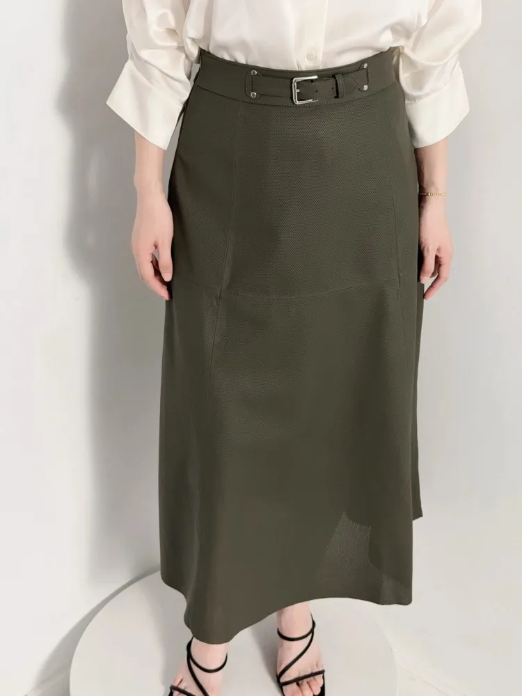 Neue Mode Frauen Aushöhlen Hohe Taille Echtes Leder Röcke A-linie Gürtel Slim Fit Arbeit Dame Echt Schaffell Unterhalb Knie rock