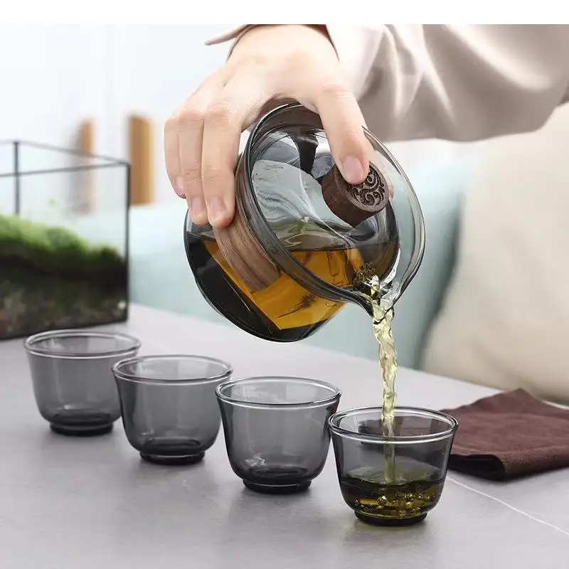 Heat-resisting Glass Tea Set Chinese Kung Fu Bowl Gaiwan Lid with Filter Hand Grip Pot Anti scald Teacups Travel Teaware