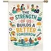 Community Garden Flag 28x40 Inch Workers Tools Books Medical Icon City and Sunrise Graphic Illustration Style on Cream Backd llz