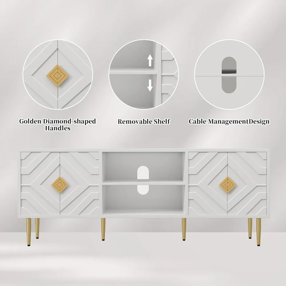 حامل تلفزيون أبيض حديث مقاس 63 بوصة من منتصف القرن لأجهزة التلفاز مقاس 65-75 بوصة مع خزائن تخزين وأبواب منقوشة