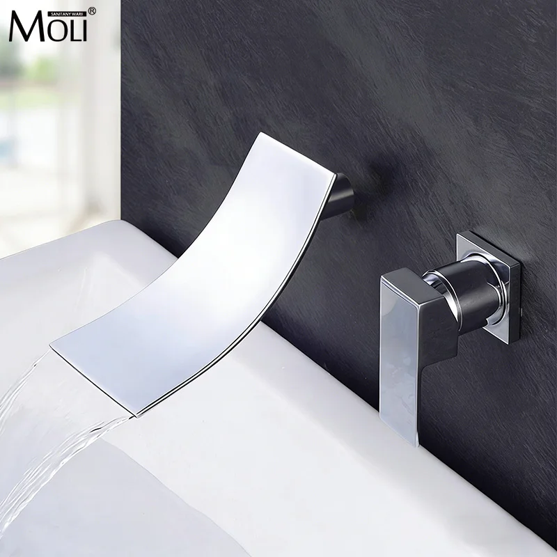

Waterfall Wall Mount Bathroom Faucet Single Handle Basin Mixer Tap Chrome Brass Spout Vanity Sink Spout Waterfall Faucets LT304