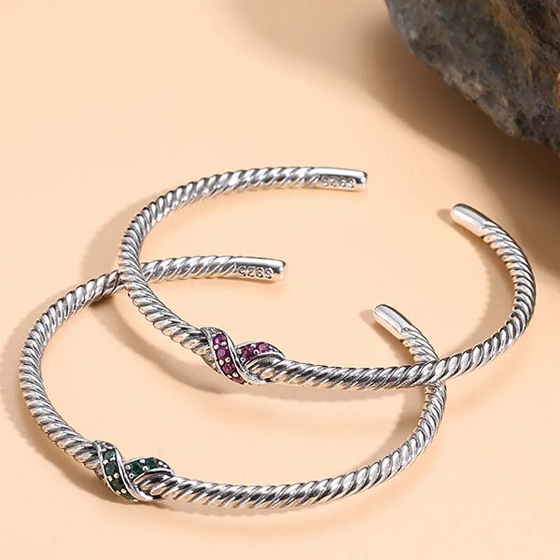 

925 Sterling Silver Wire Bowknot Luxury Women Cuff Bangles Hip hop Tibetan Silver Gril Retro Chain Link Bangle Fine Jewelry