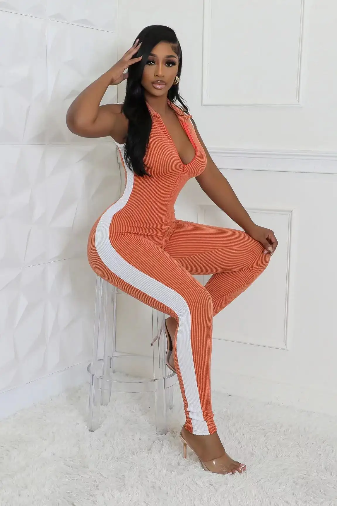 STYLISH LADY Patchwork Ribbed Jumpsuits 2025 Autumn Women Sleeveless Turn Down Collar Zipper Bodycon Sexy Club Party Overalls