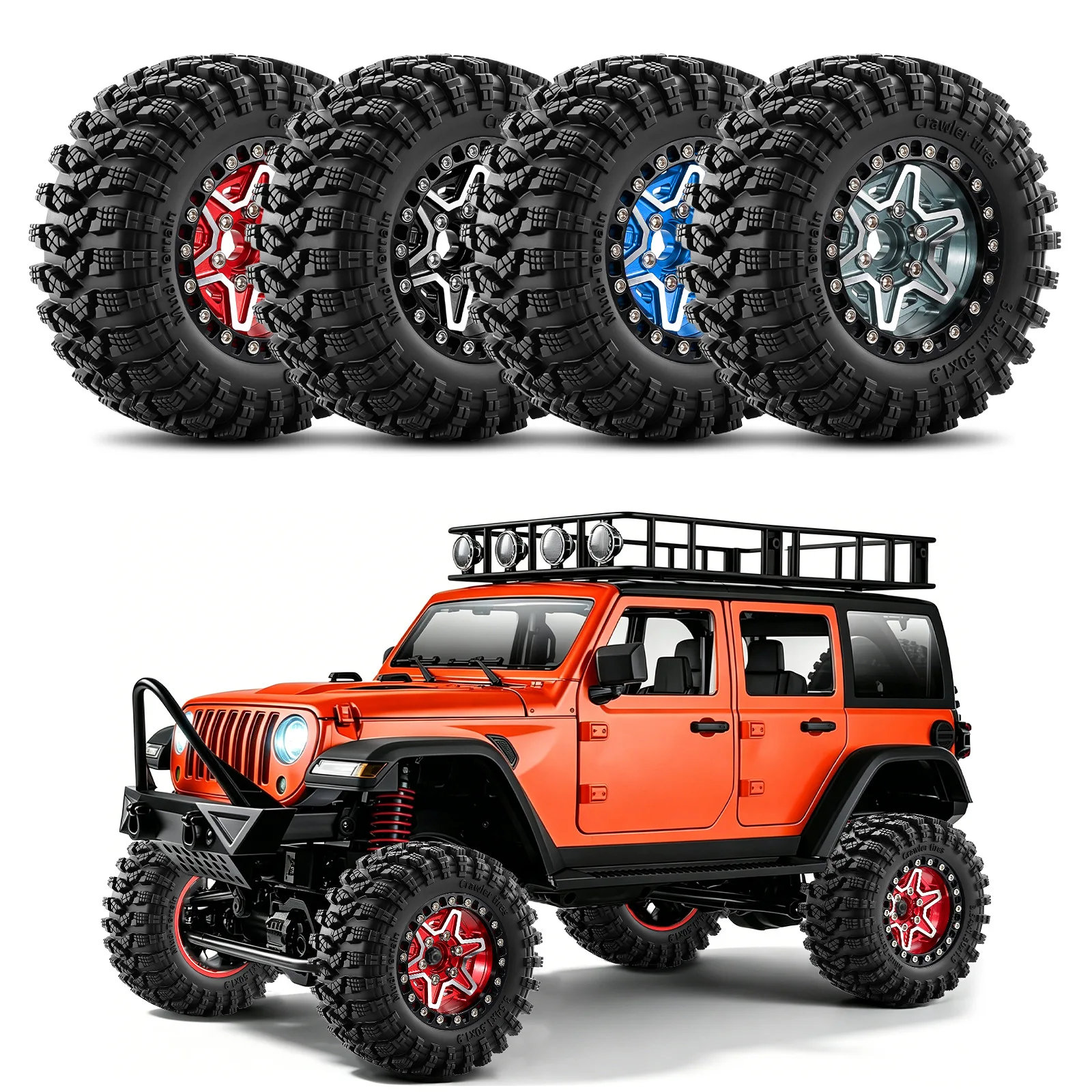 4Pcs 90mm 1.9 inch Rubber Tire Terrain Tyre & Beadlock Wheel Rims Set for 1/10 Axial SCX10 II III TRX4 Wraith Redcat RC4WD D90